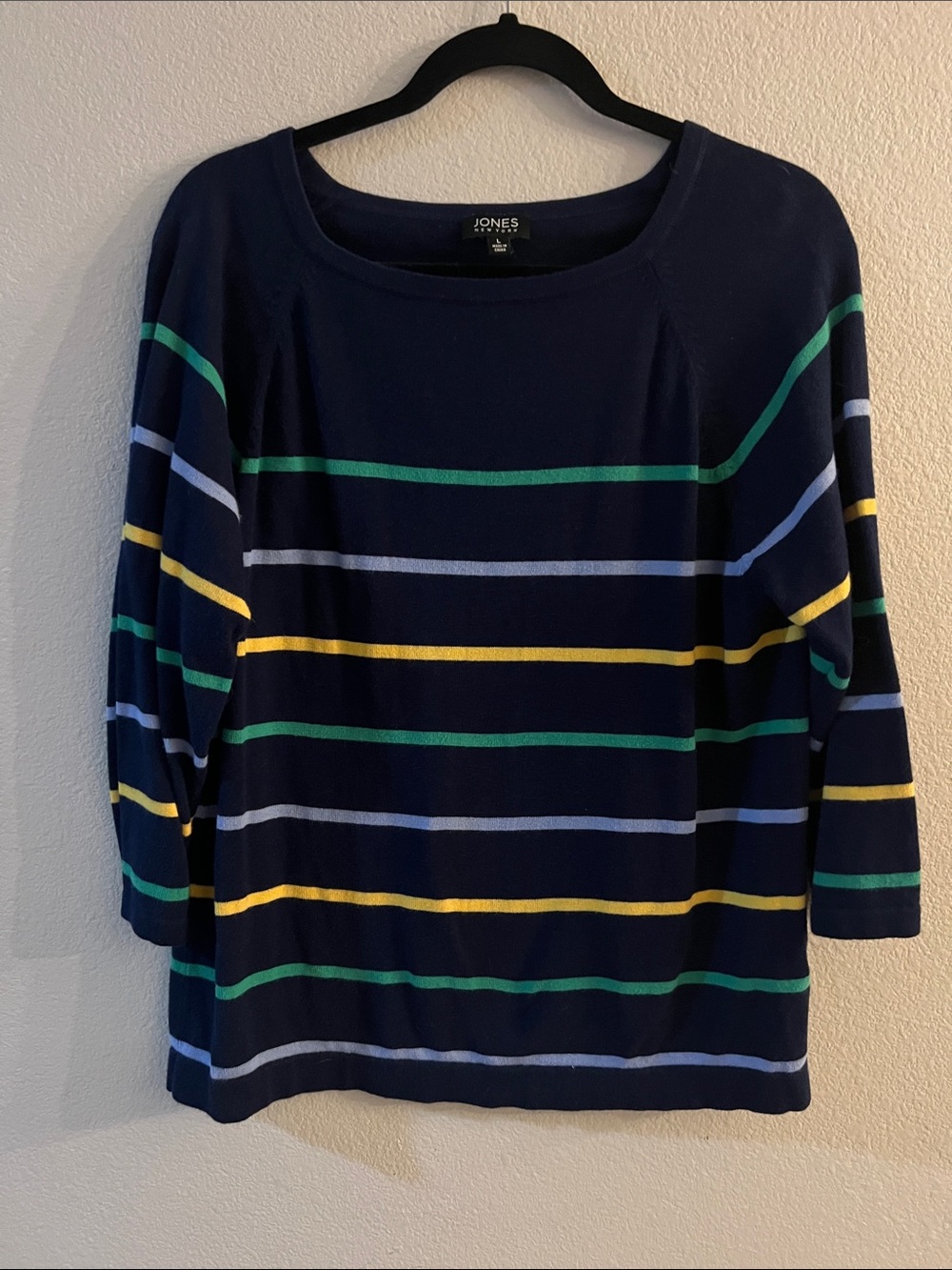 Jones New York Navy Striped Boatneck Sweater - Navy/Green/Yellow/Light Blue